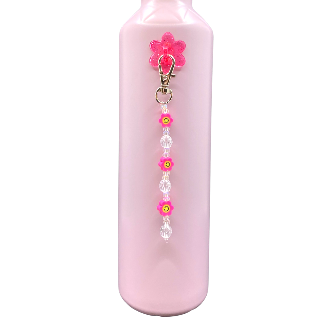 Pink Flower Bead Charm Water Bottle Accessory